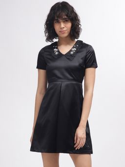 ELLE - Women Black Solid V-Neck Short Sleeves Dress