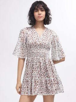 ELLE - Women Off White Floral V-Neck Short Sleeves Dress