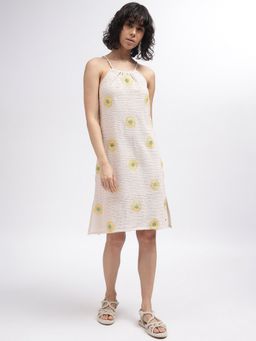 ELLE - Women Beige Self-Design Shoulder Straps Dress