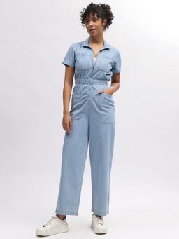 ELLE - Women Blue Solid Shirt Collar Short Sleeves Jumpsuit