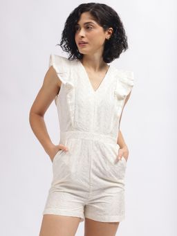 ELLE - Women Off White Embroidered V-Neck Sleeveless Playsuit