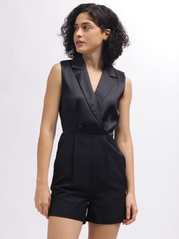 ELLE - Women Black Solid Notched Collar Sleeveless Playsuit