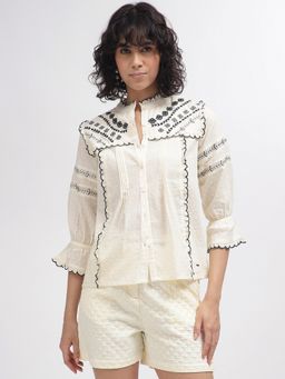 ELLE - Women Off White Embroidered Top