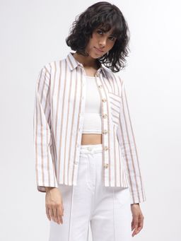 ELLE - Women White Striped Spread Collar Full Sleeves Shirt