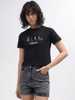 ELLE - Women Black Embellished Round Neck Short Sleeves T-Shirt