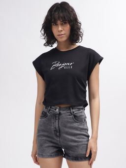 ELLE - Women Black Solid Round Neck Short Sleeves T-Shirt