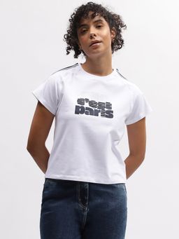 ELLE - Women White Solid Round Neck Short Sleeves T-Shirt