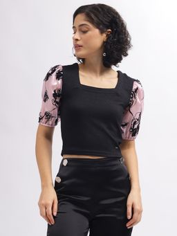 ELLE - Women Black Colour Blocked Square Neck Short Sleeves Top