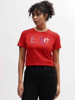 ELLE - Women Red Solid Round Neck Short Sleeves T-Shirt