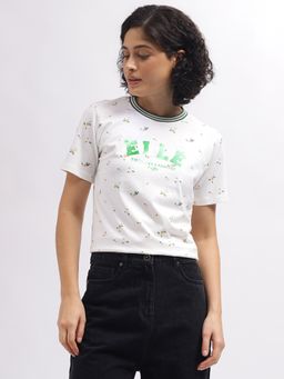 ELLE - Women White Printed Round Neck Short Sleeves T-Shirt