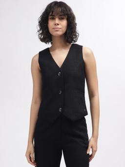 ELLE - Women Black Solid V-Neck Sleeveless Waist Coat
