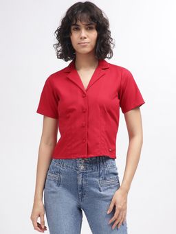 ELLE - Women Red Solid Resort Collar Short Sleeves Shirt