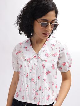 ELLE - Women White Floral Shirt Collar Short Sleeves Top