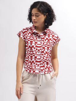ELLE - Women Red Printed Spread Collar Short Sleeves Top