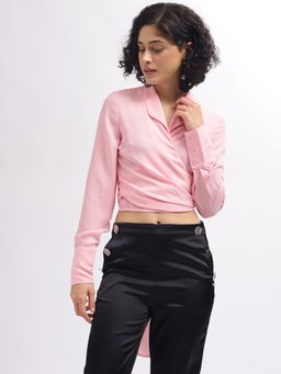 ELLE - Women Pink Solid Collar Full Sleeves Top