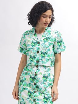 ELLE - Women Green Floral Cuban Short Sleeves Top