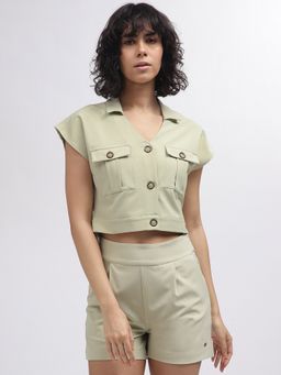 ELLE - Women Green Solid Collar Short Sleeves Top