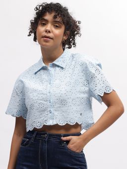 ELLE - Women Blue Embroidered Spread Collar Short Sleeves Top