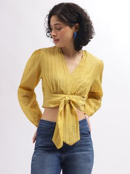 ELLE - Women Mustard Solid V-Neck Full Sleeves Top