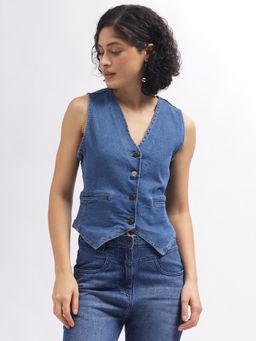 ELLE - Women Blue Solid V-Neck Sleeveless Top