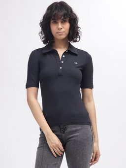 GANT - Women Black Solid Polo Collar Short Sleeves T-Shirt