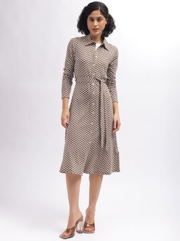 GANT - Women Brown Printed Shirt Collar Full Sleeves Dress with Belt (Set of 2)