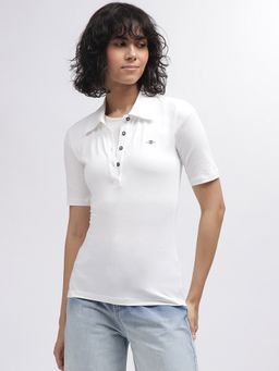 GANT - Women White Solid Polo Collar Short Sleeves T-Shirt