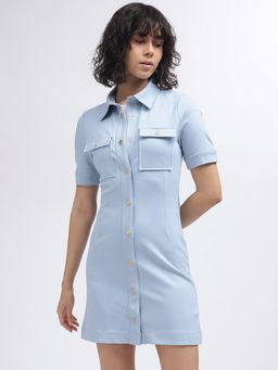 GANT - Women Blue Solid Spread Collar Short Sleeves Dress
