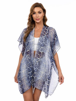 CrossKulture - Blue Printed Swimwear Short Sleeve Cover-Up Shrug