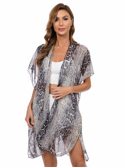 CrossKulture - Black Printed Swimwear Short Sleeve Cover-Up Shrug