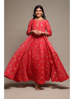 Biba - Womens Pink Printed Poly Chanderi Flared Dress