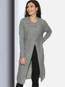 CLAPTON - Womens Wool Blend Grey Full Sleeve Solid Self Design Round Neck Cardigan