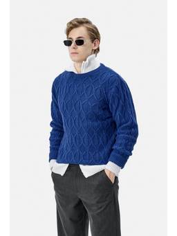 Snitch - Blue Cable Knit Full Sleeves Regular Casual Sweater for Men