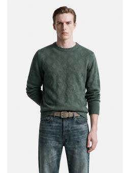 Snitch - Dark Green Textured Full Sleeves Regular Casual Sweater for Men
