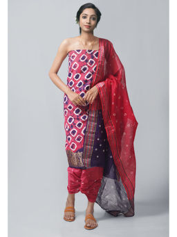 Unnati Silks - Unstitched Pink Pure Bandhani Cotton Salwar Kameez (Set of 3)