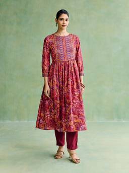 Aarke Ritu Kumar - Women Purple Floral Cotton Kurta and Pant with Dupatta