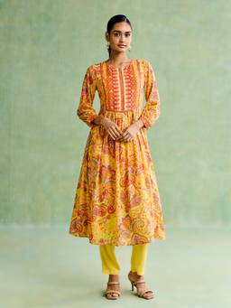 Aarke Ritu Kumar - Women Yellow Floral Cotton Kurta and Pant with Dupatta