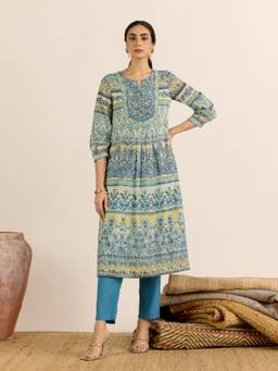 Aarke Ritu Kumar - Women Blue Printed Cotton Kurta and Pant with Dupatta