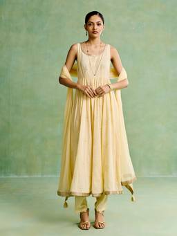 Aarke Ritu Kumar - Women Yellow Embroidered Cotton Kurta and Pant with Dupatta