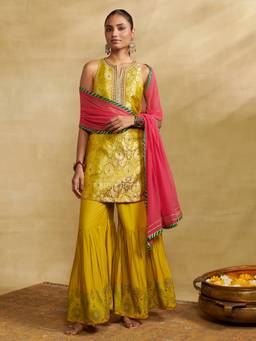 Aarke Ritu Kumar - Women Green Embroidered Nylon Blended Kurta and Sharara with Dupatta