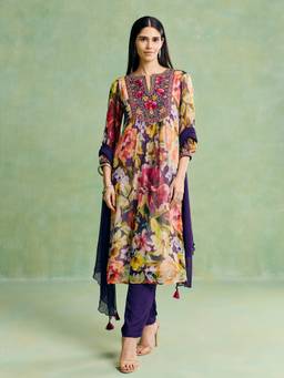 Aarke Ritu Kumar - Women Multi-Color Floral Polyester Kurta and Pant with Dupatta