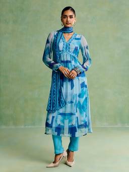 Aarke Ritu Kumar - Women Blue Printed Polyester Kurta and Pant with Dupatta