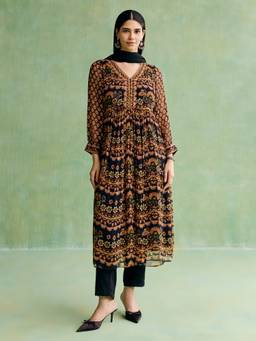 Aarke Ritu Kumar - Women Black Floral Polyester Kurta and Pant with Dupatta