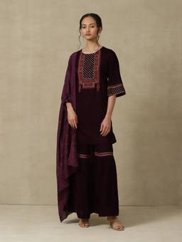Aarke Ritu Kumar - Women Wine Embroidered Polyester Kurta and Sharara with Dupatta