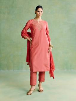 Aarke Ritu Kumar - Women Peach Solid/Plain Polyester Kurta and Pant with Dupatta
