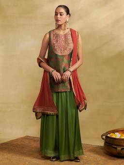 Aarke Ritu Kumar - Women Green Printed Polyester Kurti and Palazzo with Dupatta