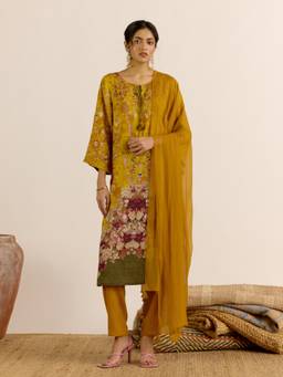 Aarke Ritu Kumar - Women Mustard Floral Viscose Kurta and Pant with Dupatta