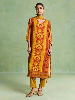 Aarke Ritu Kumar - Women Mustard Printed Viscose Kurta and Pant with Dupatta