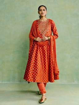 Aarke Ritu Kumar - Women Orange Embroidered Polyester Anarkali and Pant with Dupatta