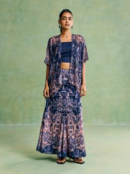 Aarke Ritu Kumar - Women Blue Floral Polyester Bustier, Skirt, Cape